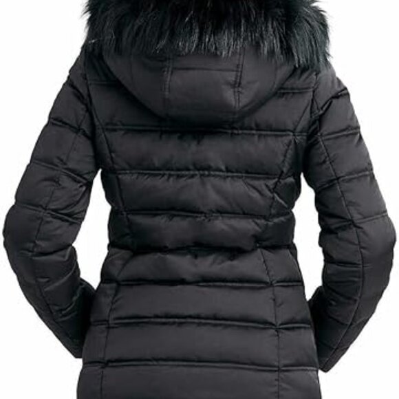 Women's Nautica Faux Fur Trim Hooded Mid-Length Black Puffer Jacket Size XL - Picture 3 of 14